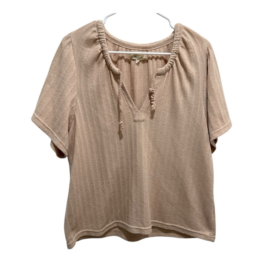 Madewell Women's Pointelle Knit Tie Neck Tunic Top Shirt Short Sleeve Size Large - Picture 2 of 7